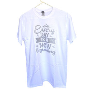 Womens Tee "Every Day Is A New Beginning" - Silver Sparkle Lettering - Size M